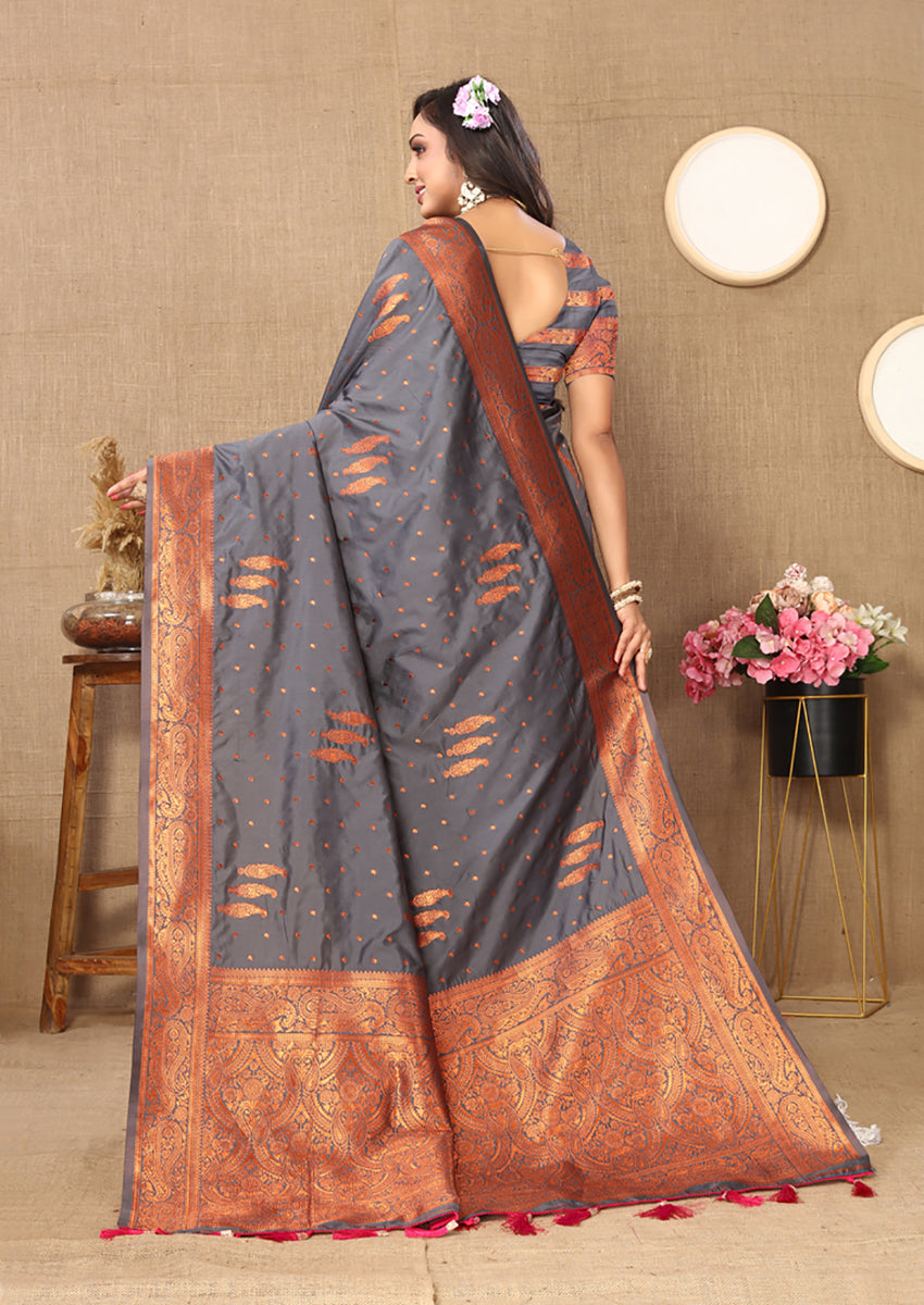 Lorenvalley Fashion Grey Soft Silk Copper Zari weaving Design Saree
