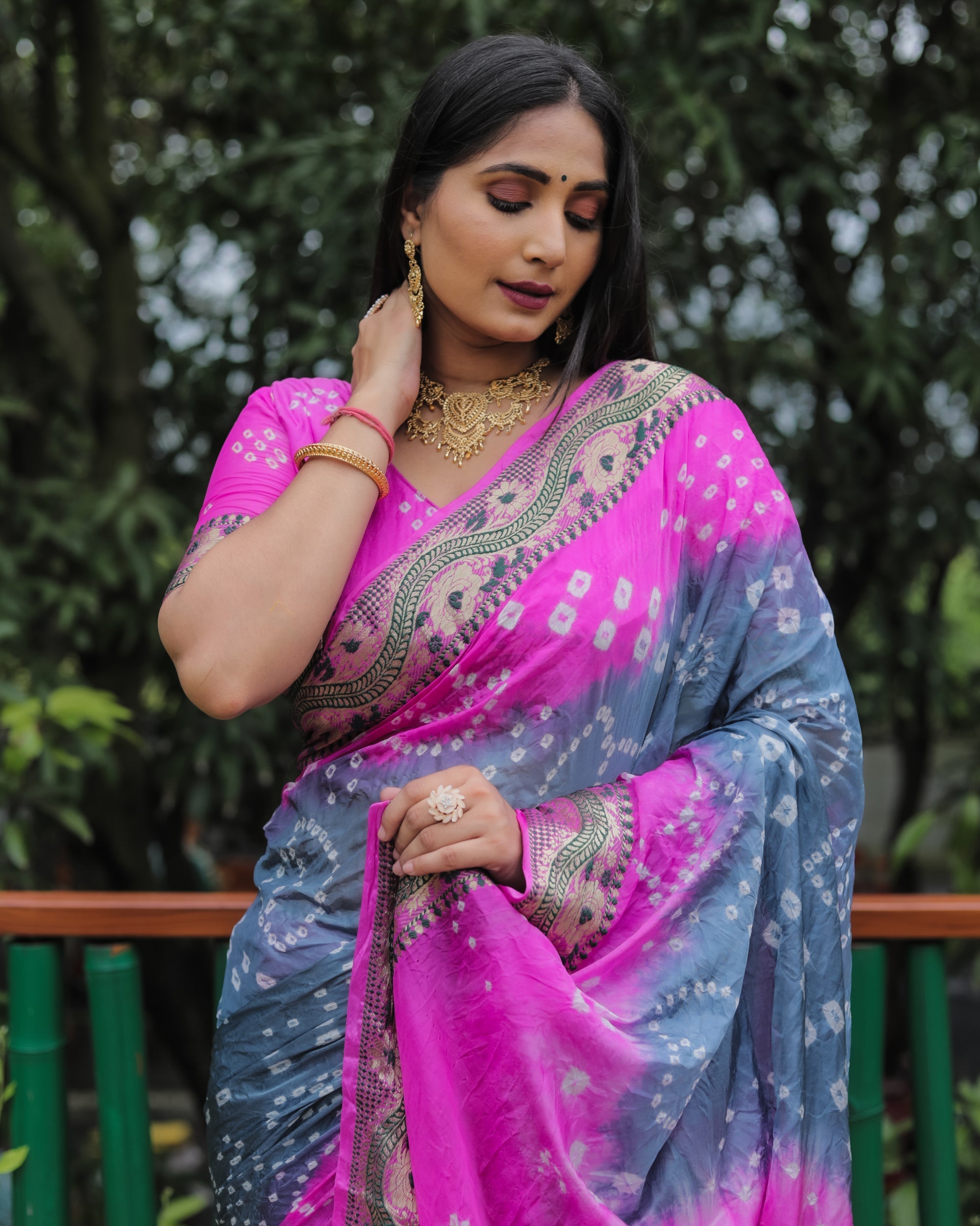 Lorenvalley Premium Pure Bandhej Tapeta Soft light weight silk saree with zari weaving Border - Multicolor