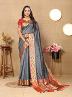 Lorenvalley Fashion Grey Soft Paithani Silk Woven Design Rich Meenakari Zari Weaving Pallu Saree