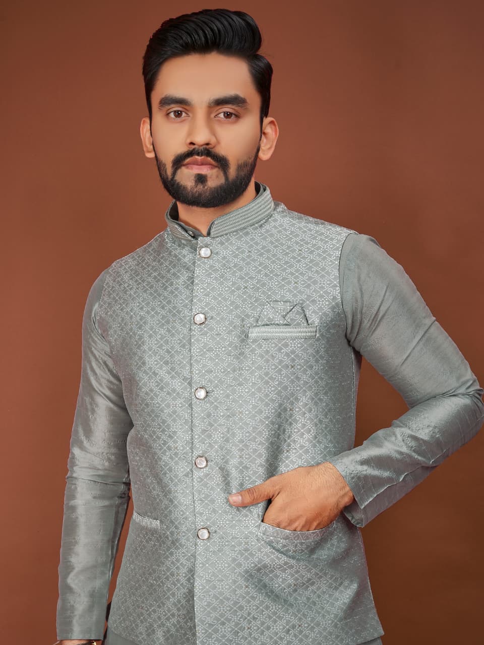 Anaita Grey Jacquard Silk Straight Kurta With Koti & Pajama