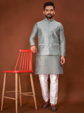 Anaita Grey Jacquard Silk Straight Kurta With Koti & Pajama