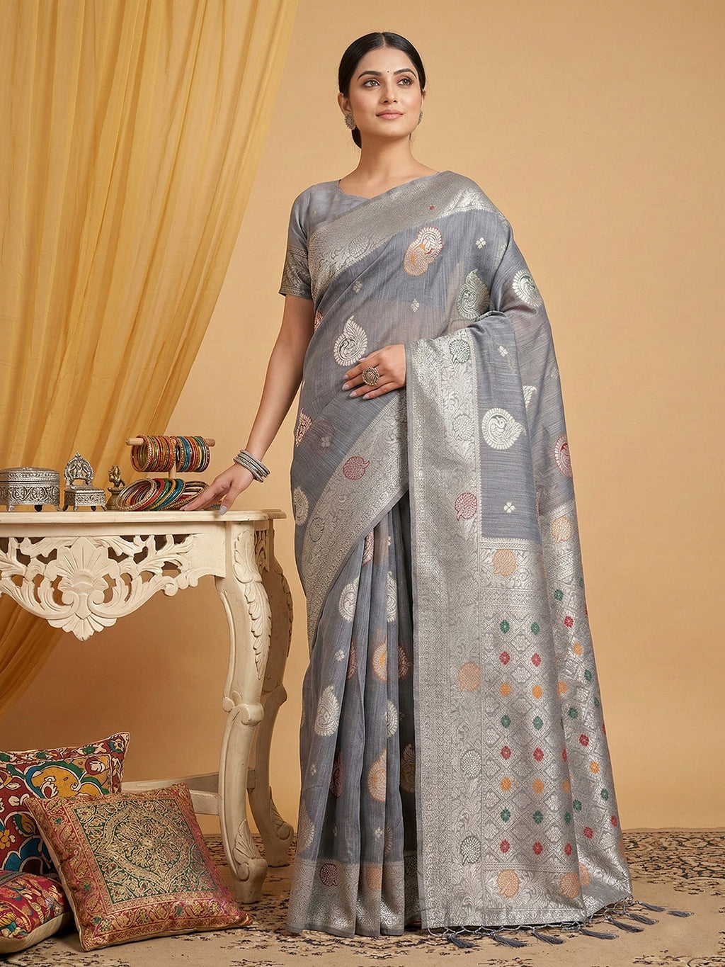 Anaita Grey Linen Woven Work Saree With Blouse - Distacart
