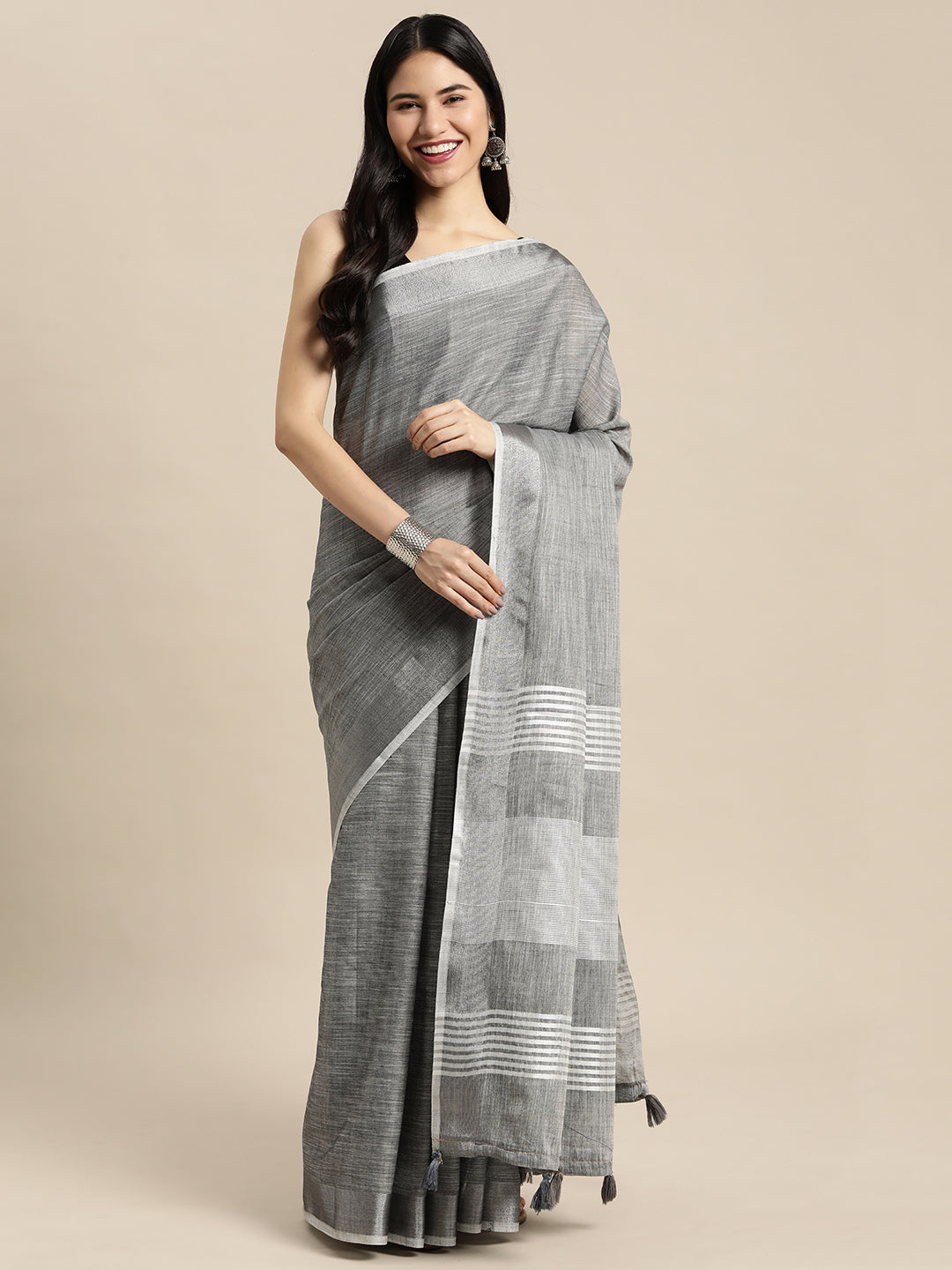 Anaita Grey Linen Saree With Blouse - Distacart