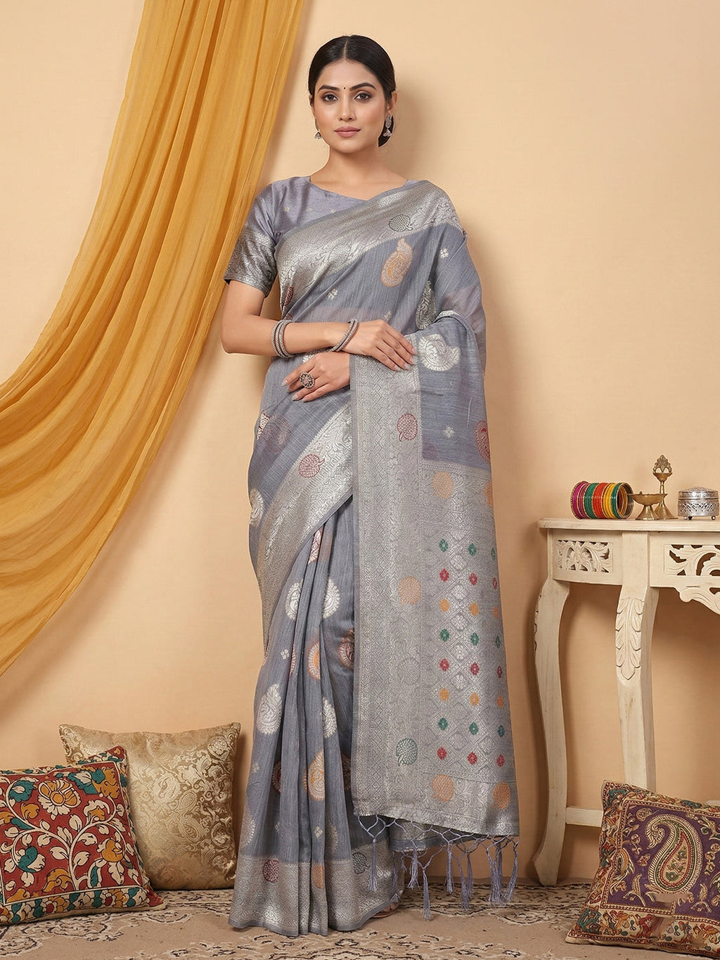 Anaita Grey Linen Woven Work Saree With Blouse - Distacart