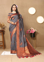 Lorenvalley Fashion Grey Soft Silk Copper Zari weaving Design Saree