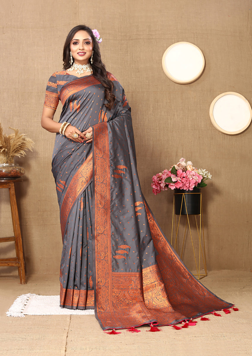 Lorenvalley Fashion Grey Soft Silk Copper Zari weaving Design Saree