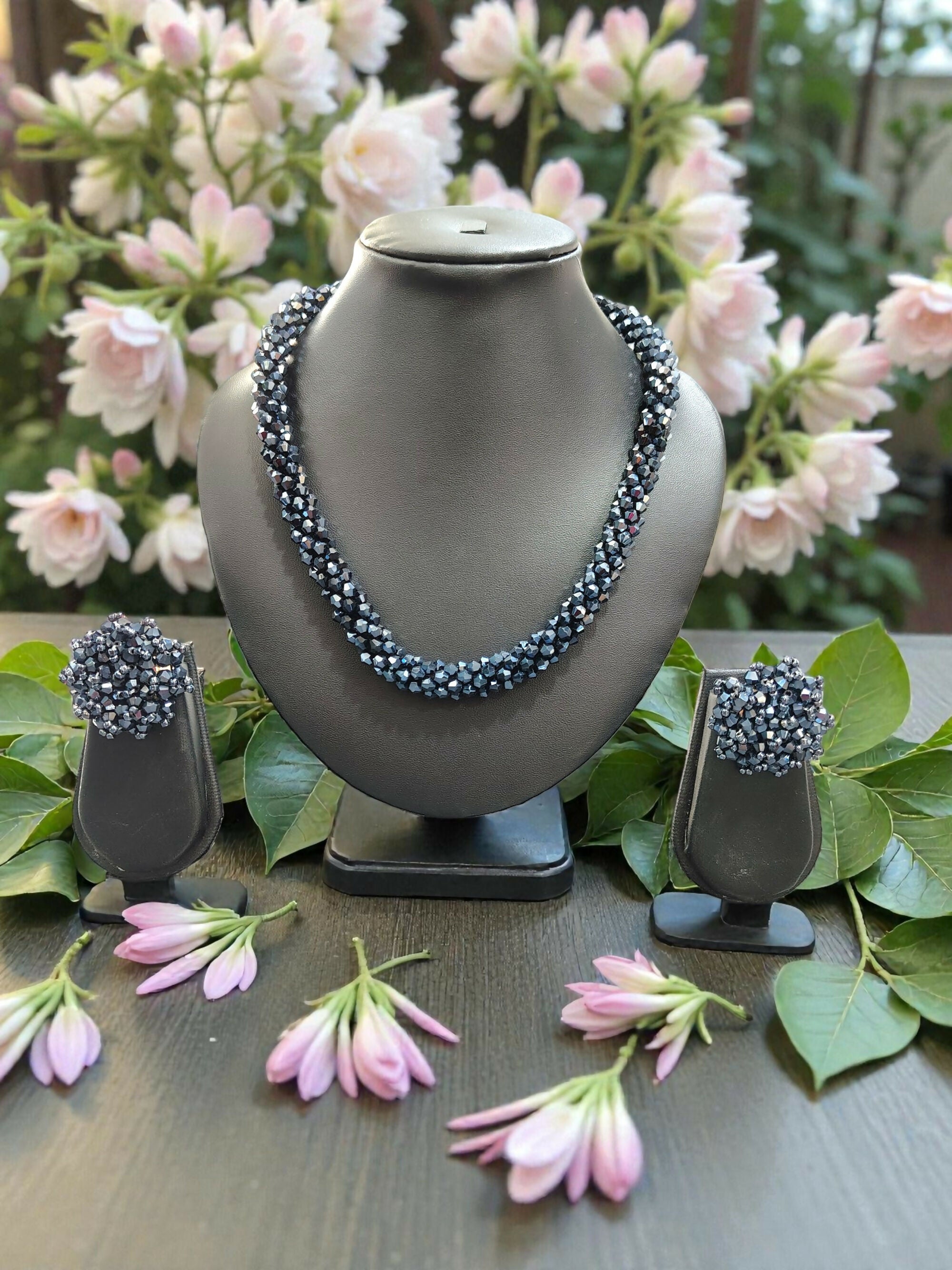 Inhanns Noor-E-Jalwa – Handmade Crystal Bead Necklace / Necklace With Earrings -Adjustable - Navy Blue