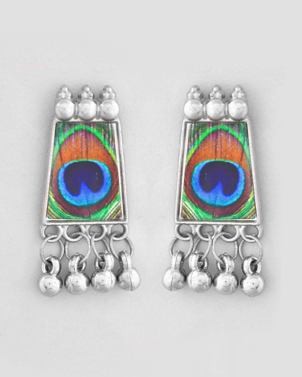 VOJ Silver Plated Oxidized Peacock Print Hasli with Earring Set