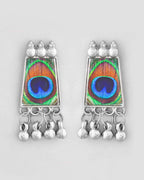 VOJ Silver Plated Oxidized Peacock Print Hasli with Earring Set