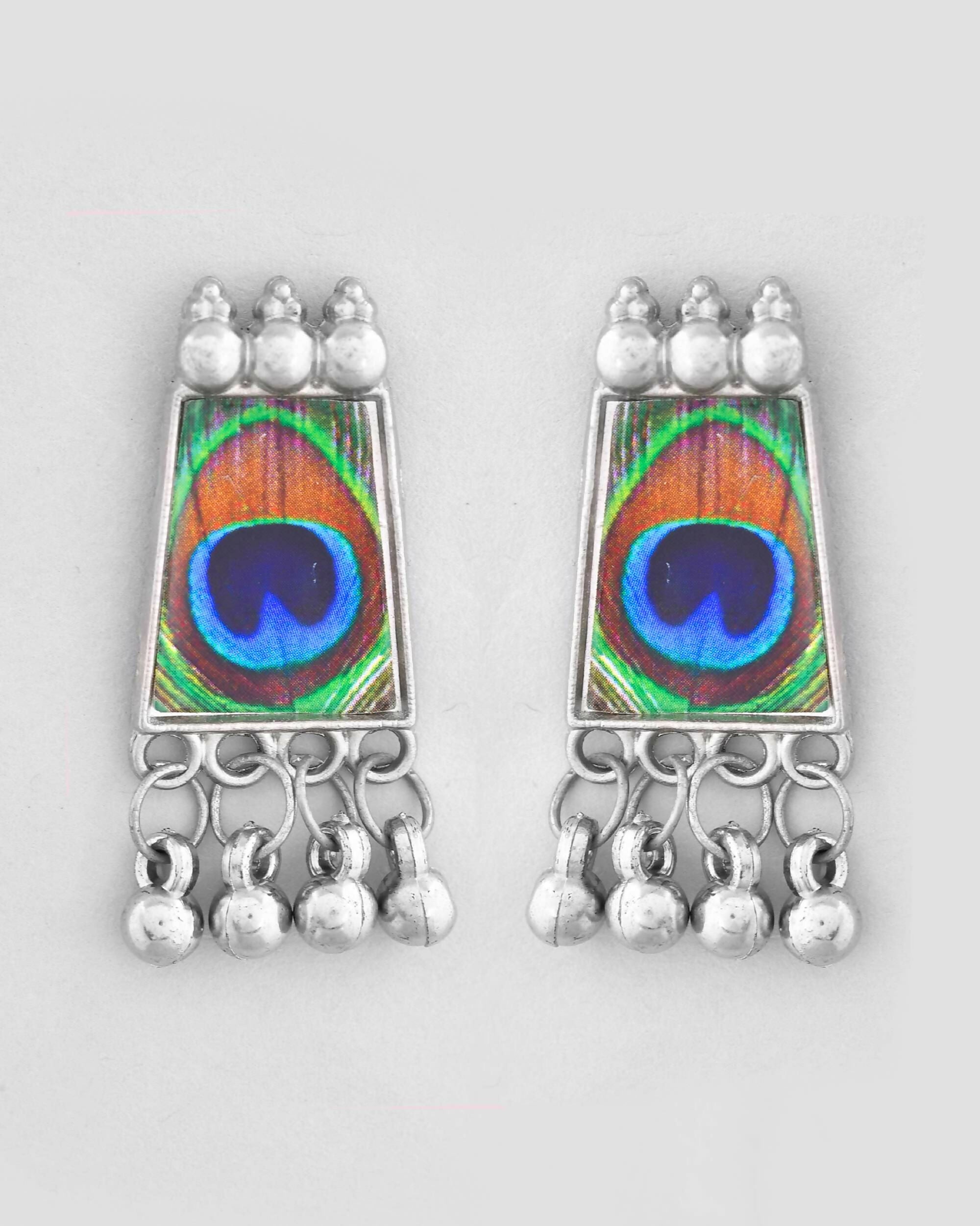 VOJ Silver Plated Oxidized Peacock Print Hasli with Earring Set