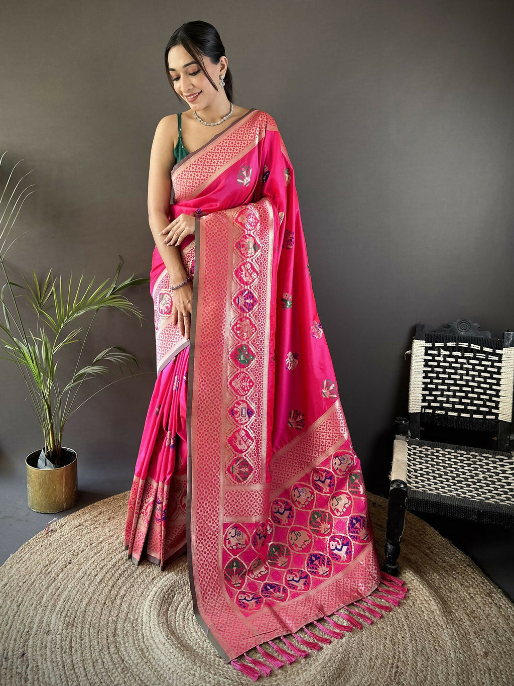 Joban Fashion Rani Pink Elephant & Floral Motifs Soft Lichi Silk Banarasi Saree - Distacart