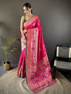 Joban Fashion Rani Pink Elephant & Floral Motifs Soft Lichi Silk Banarasi Saree - Distacart