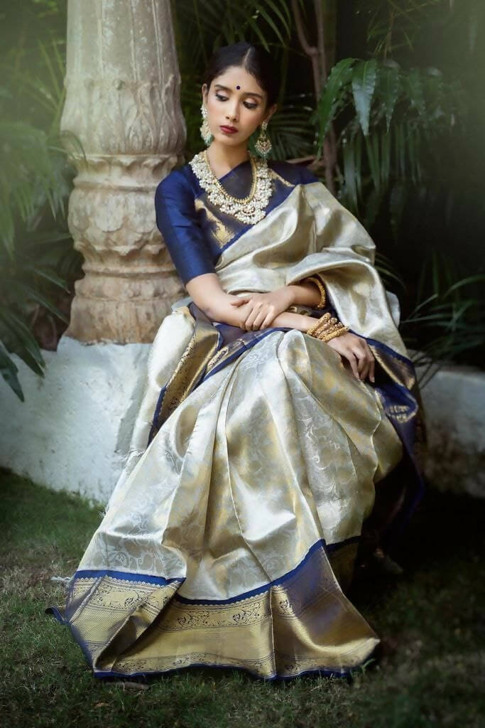 DEIANA'S Beautiful Designer Golden zari Soft Lichi Silk Saree - White
