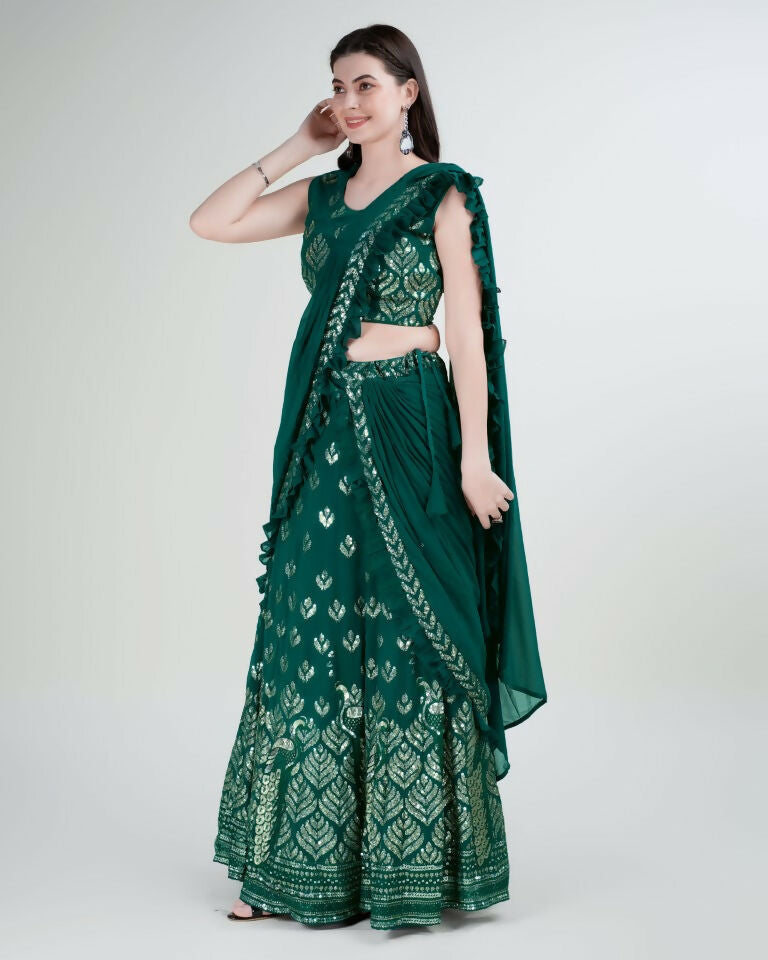 Green Georgette Sequence Embroidered Lehenga Choli with Dupatta - Tanya