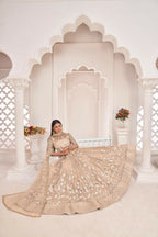 Aastha Fashion Dusty Chiku Butterfly Net White Cotton Thread Work, Zari Work And Sandwich Sequence Work Embroidery Wedding Wear Lehenga Choli