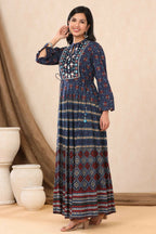 Juniper Womens Indigo Rayon Multicolor Printed Maxi Dress With Yoke Mirror Embroidery - Distacart