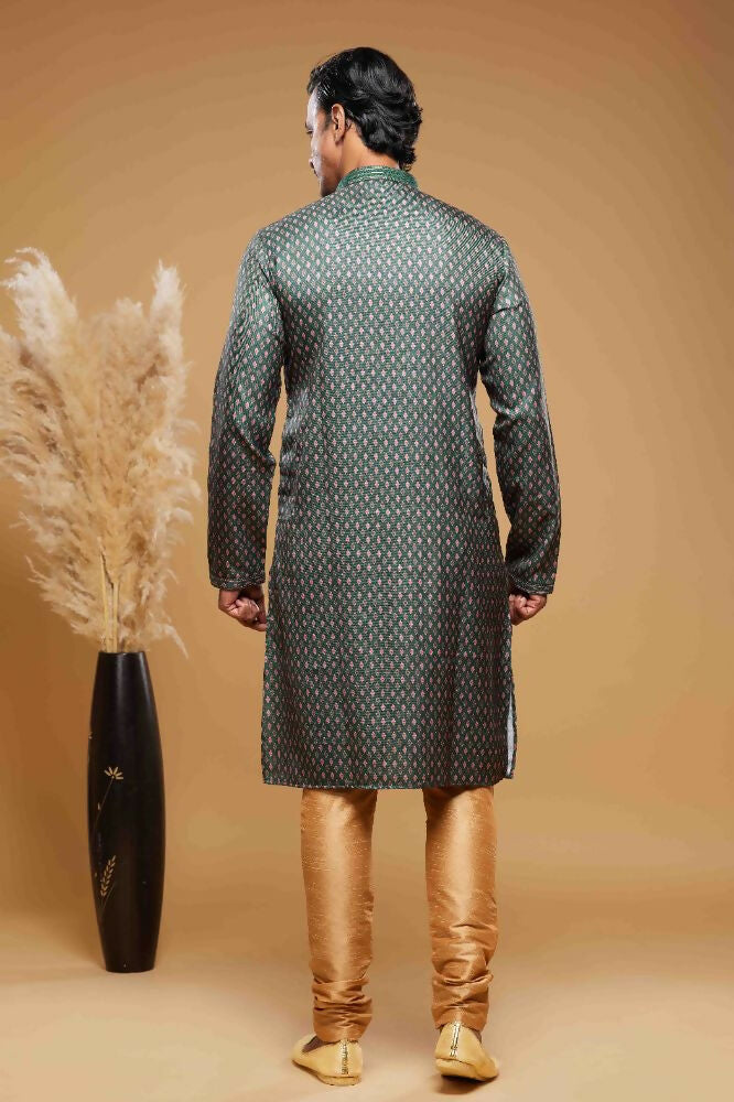 Raivat Ethnic Art Silk Digital Print Pintux Work Kurta Pajama In Green Colour