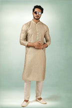 Raivat Ethnic Art Silk Printed Work Kurta Pajama In Beige Colour