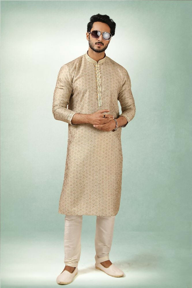 Raivat Ethnic Art Silk Printed Work Kurta Pajama In Beige Colour