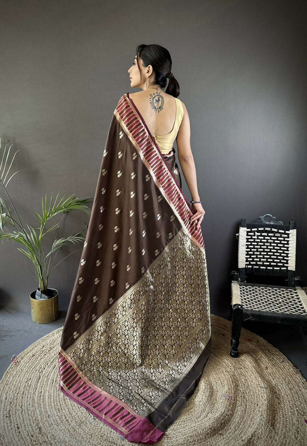 Joban Fashion Brown Woven Zari Motifs Lichi Silk Banarasi Silk Saree - Distacart