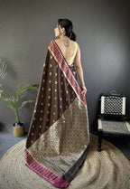 Joban Fashion Brown Woven Zari Motifs Lichi Silk Banarasi Silk Saree - Distacart