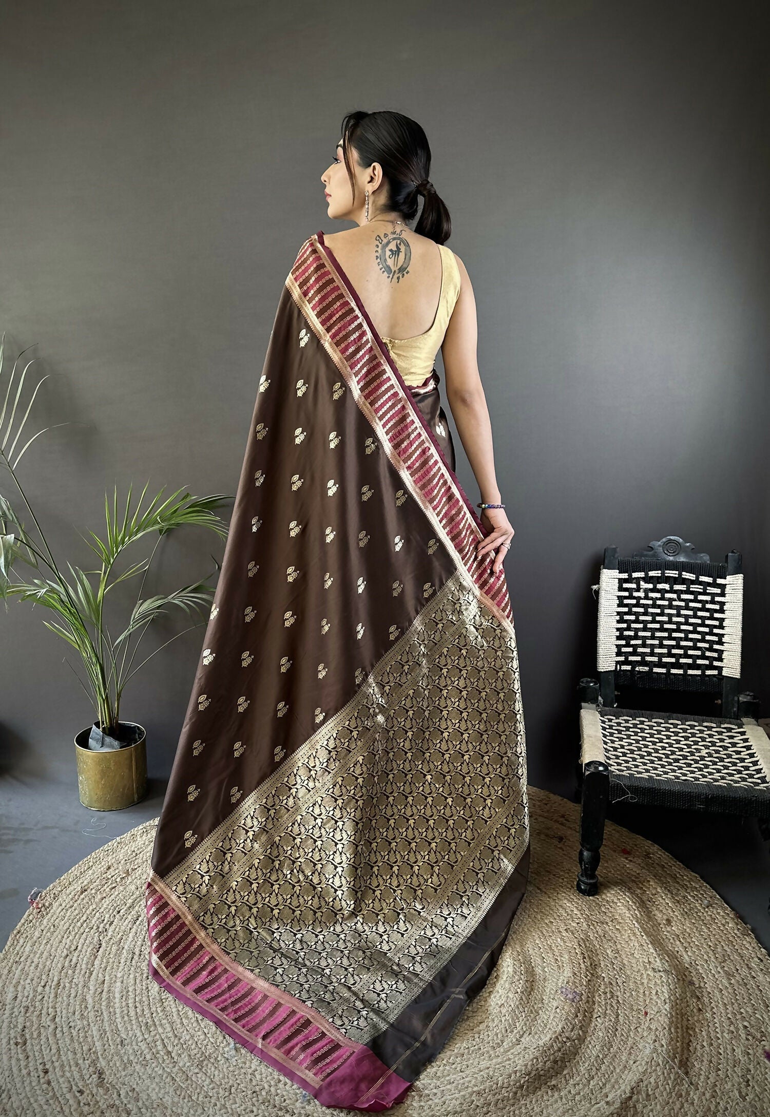 Joban Fashion Brown Woven Zari Motifs Lichi Silk Banarasi Silk Saree - Distacart