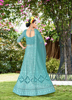 Blue Net Embroidered Semi Stitched Lehenga Choli with Dupatta - Bhagya