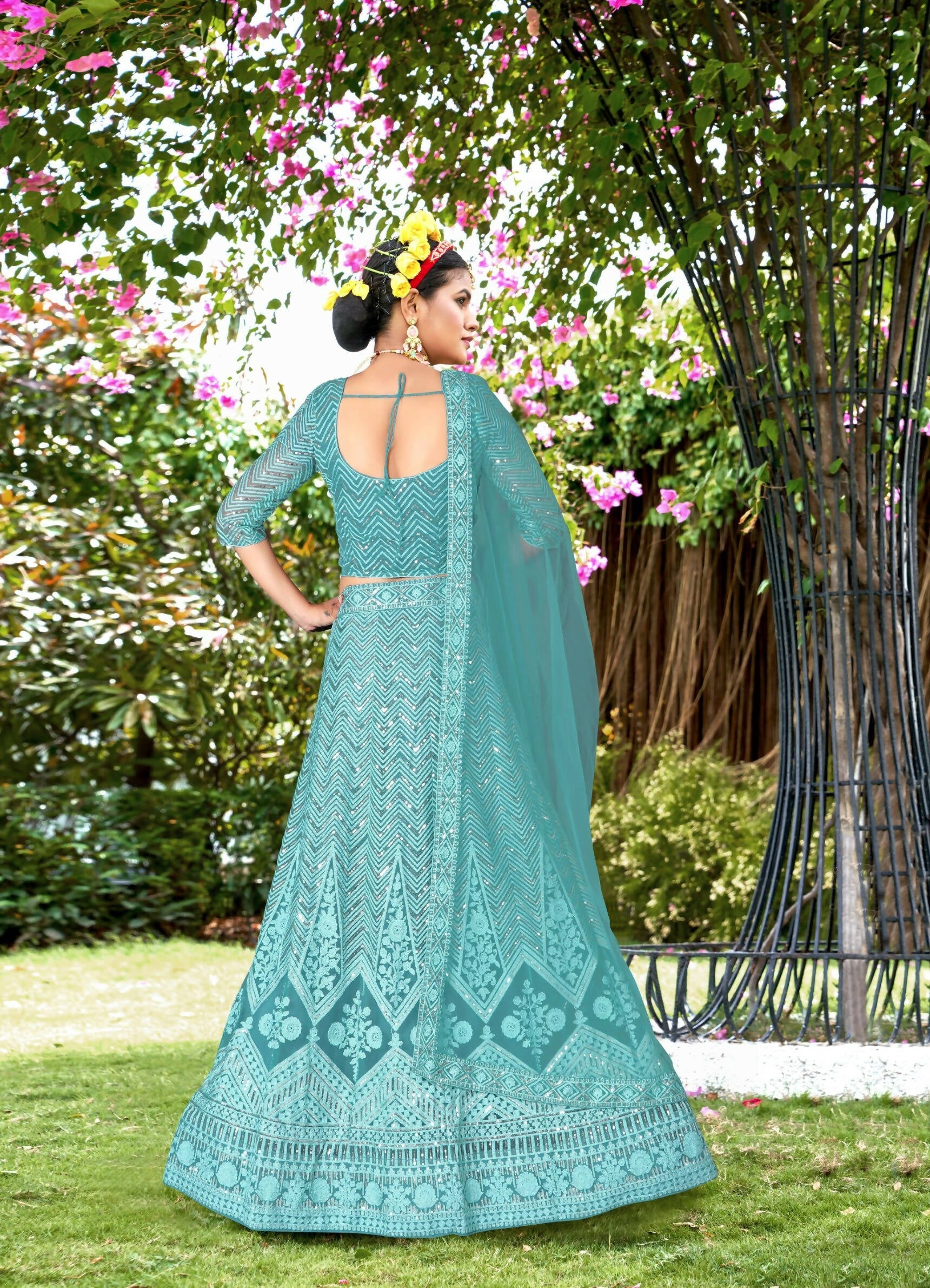 Blue Net Embroidered Semi Stitched Lehenga Choli with Dupatta - Bhagya