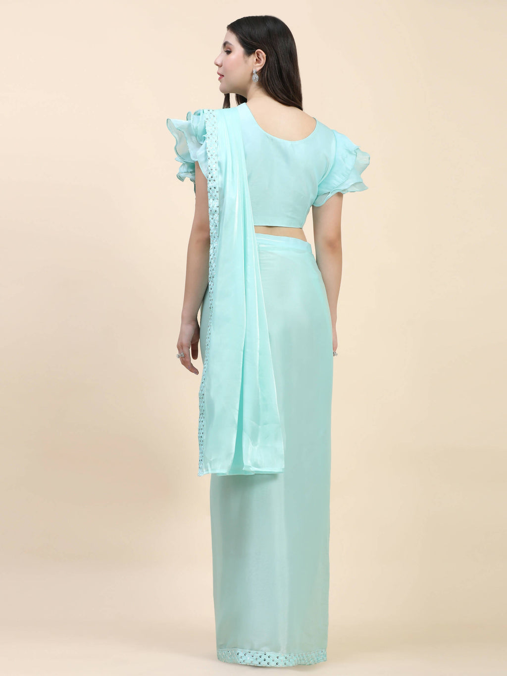 Light Blue Silk Satin Sequence Work Ready to Wear Saree with stitched Blouse - Nirvana