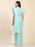 Light Blue Silk Satin Sequence Work Ready to Wear Saree with stitched Blouse - Nirvana