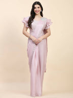 Light Pink Silk Satin Sequence Work Ready to Wear Saree with stitched Blouse - Nirvana