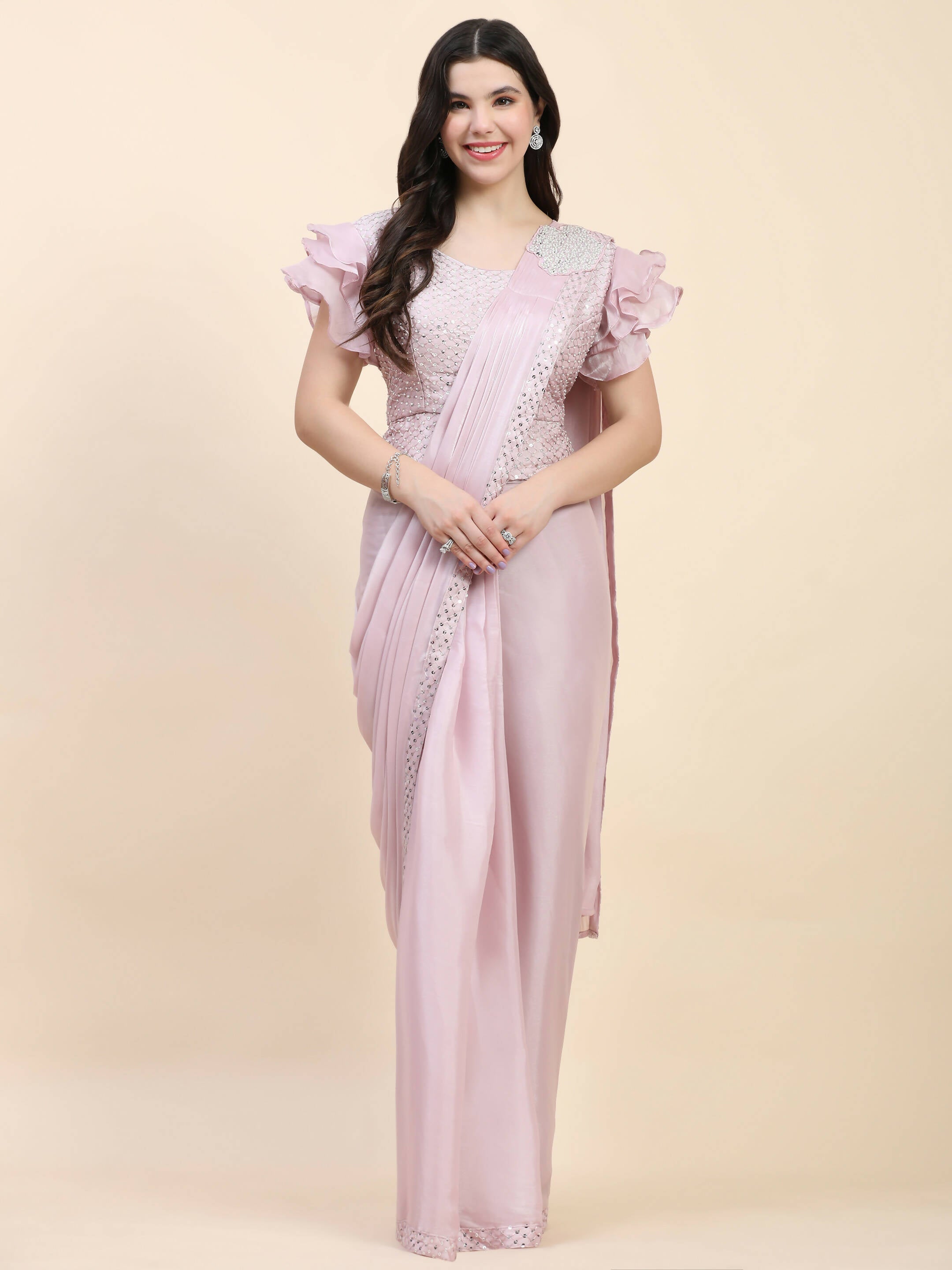 Light Pink Silk Satin Sequence Work Ready to Wear Saree with stitched Blouse - Nirvana