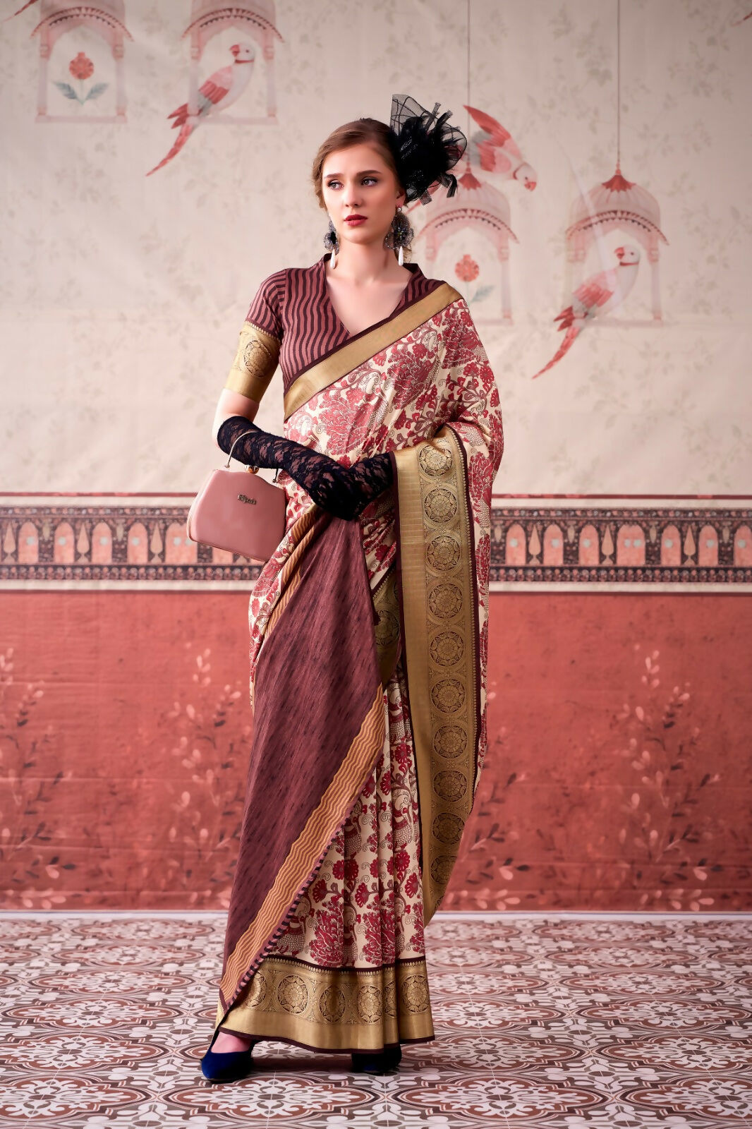 Vastranavya Pink Tussar Silk Printed with Viscose Border Saree & Unstitched Blouse - Distacart