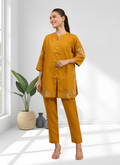 Joban Fashion Yellow Cotton, Linen Embroidered Readymade Cord Set - Distacart