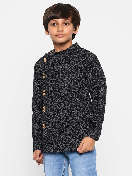 Manet Ethnic Full Sleeves Triangel Printed Shirt - Black