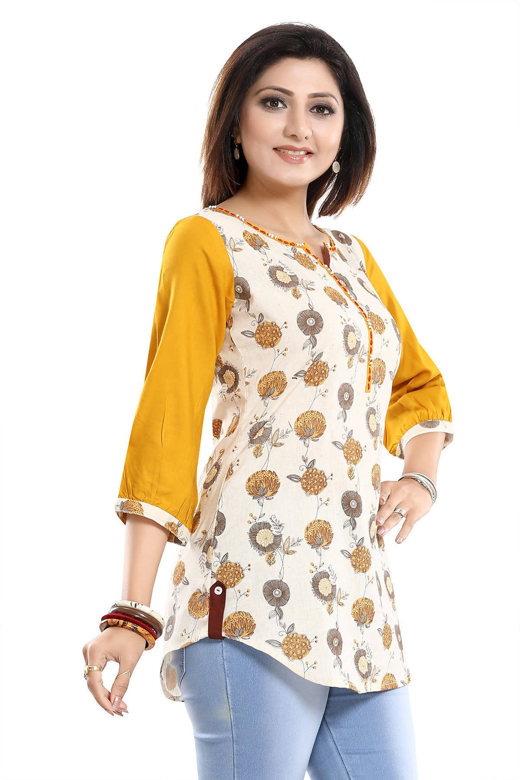 Snehal Creations Cream Cotton Printed Apple-Cut Short Tunic - Distacart