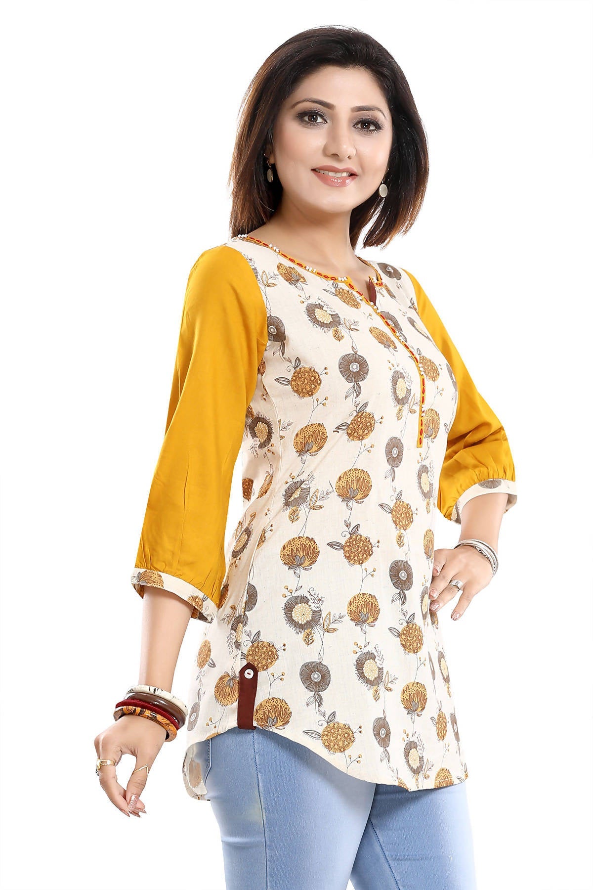 Snehal Creations Cream Cotton Printed Apple-Cut Short Tunic - Distacart