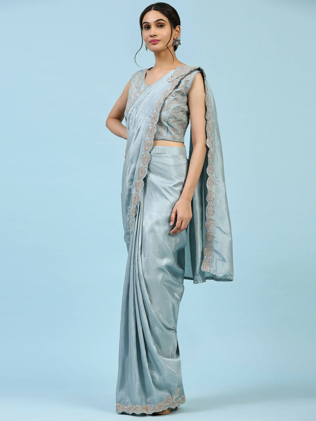 Sky Blue Silk Satin Plain Ready to wear Saree with stitched Blouse - Vrinda