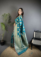 Joban Fashion Teal Ethnic Floral Motifs Soft Lichi Silk Banarasi Saree - Distacart