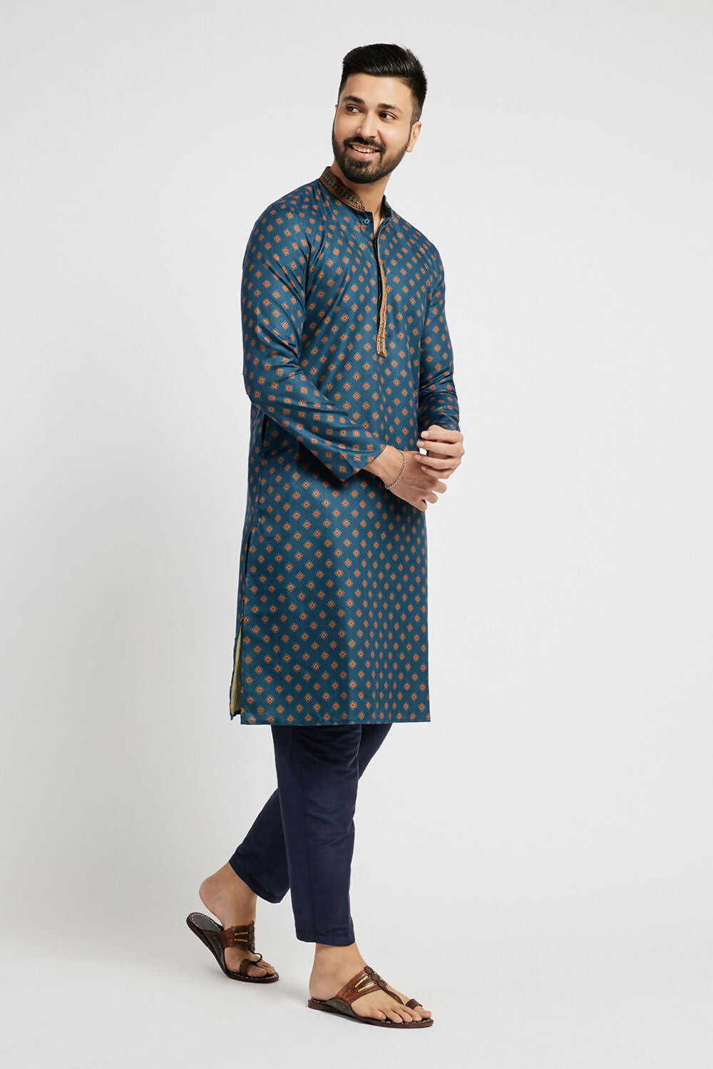 Ethnic India Blue Men's Kurta Ethnic Motifs Polyester