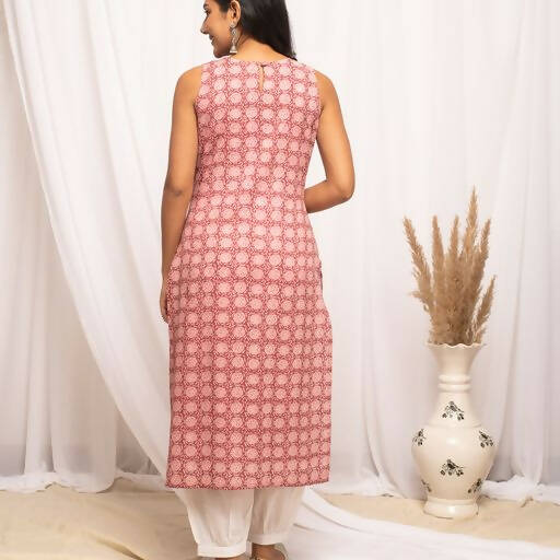 FIORRA Women's Floral Printed Pink Cotton Straight Kurta