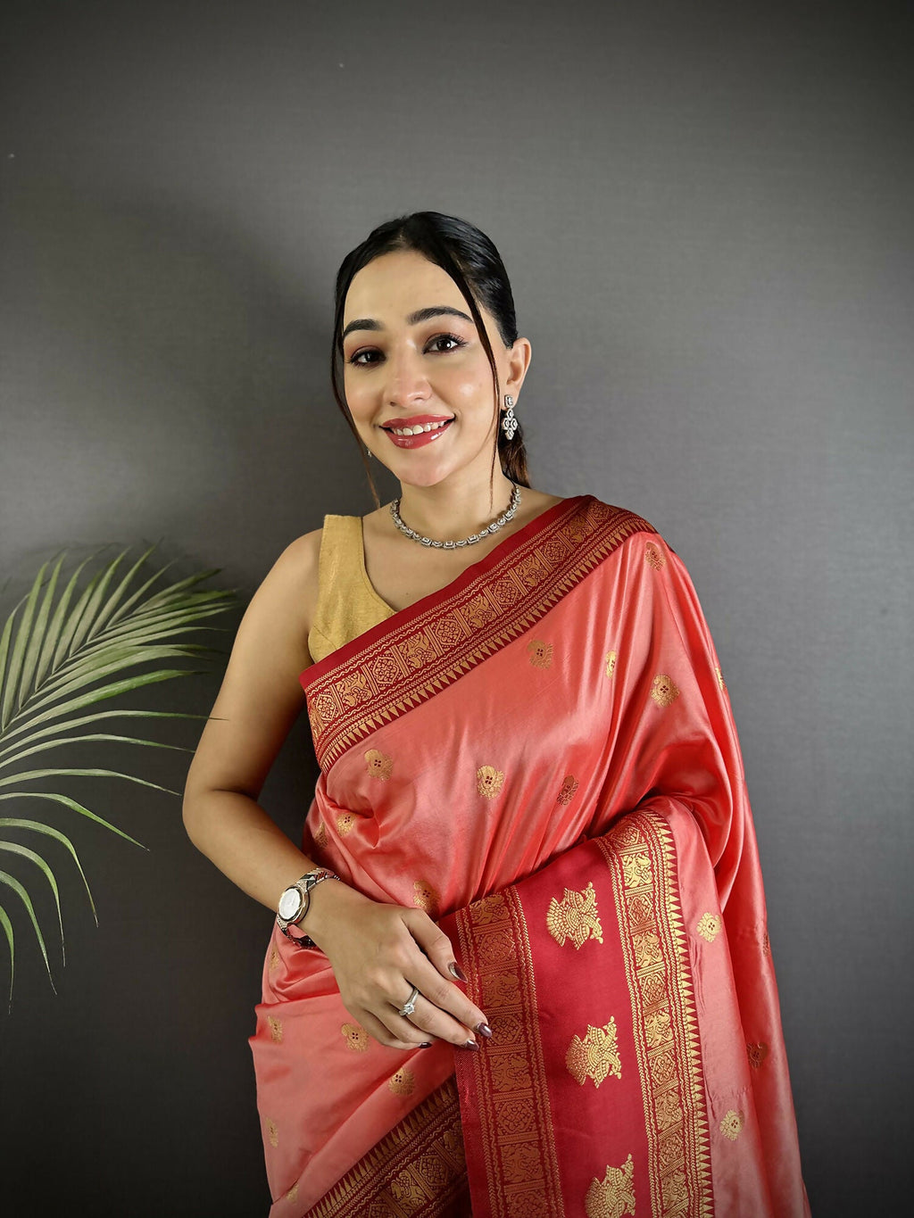 Joban Fashion Peach Banarasi Soft Silk Woven Butti Saree - Distacart