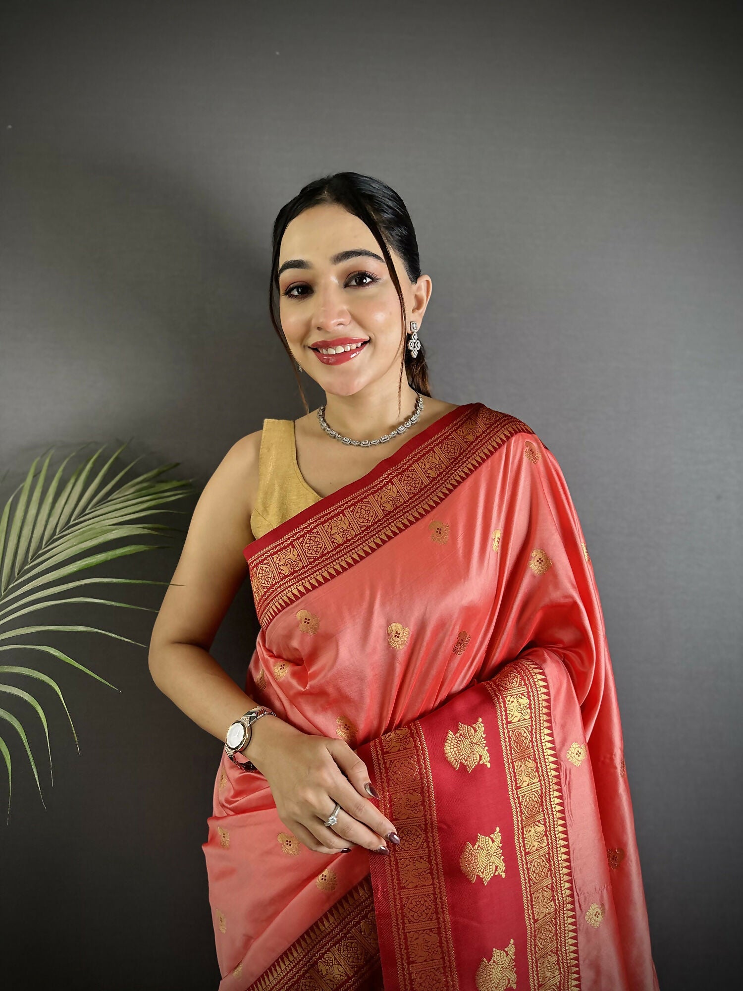 Joban Fashion Peach Banarasi Soft Silk Woven Butti Saree - Distacart