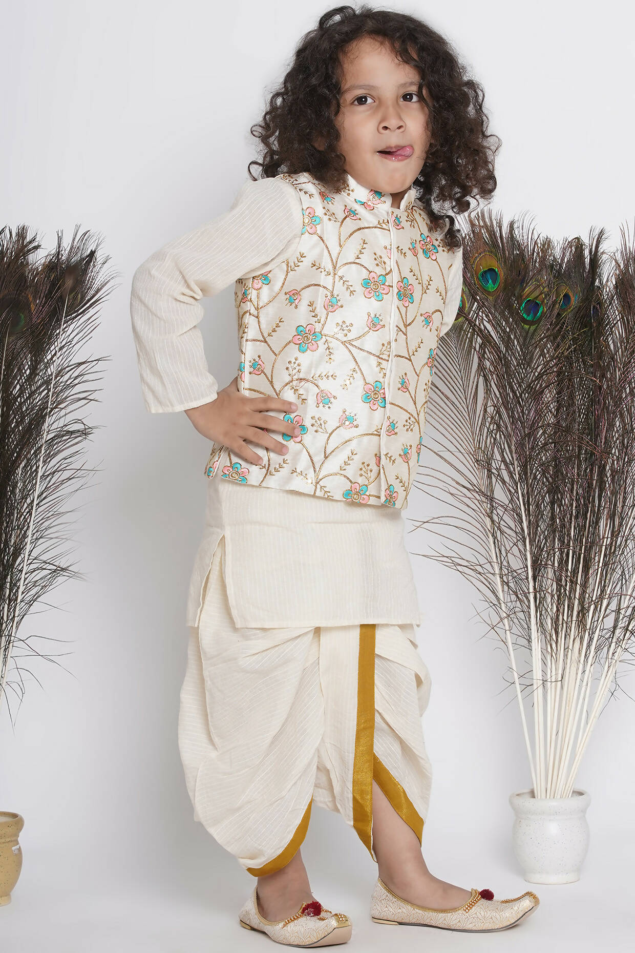 Little Bansi Banarsi Silk Pink Blue Floral Embroidery Jacket With Cotton Kantha kurta And Kantha Dhoti - Cream