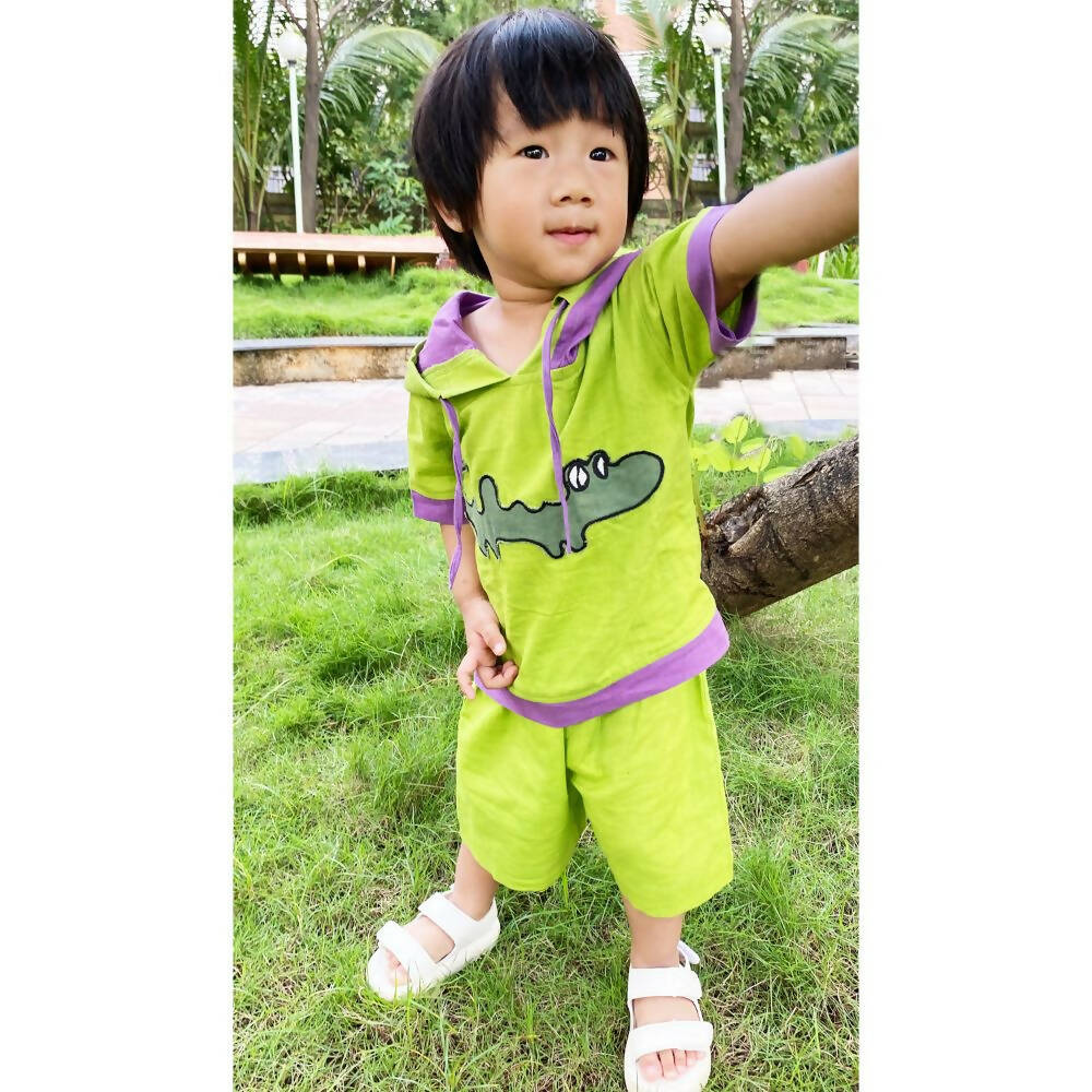 Mhyssa Croco Half sleeves Green and Purple Hoodie with Shorts Set For Kids
