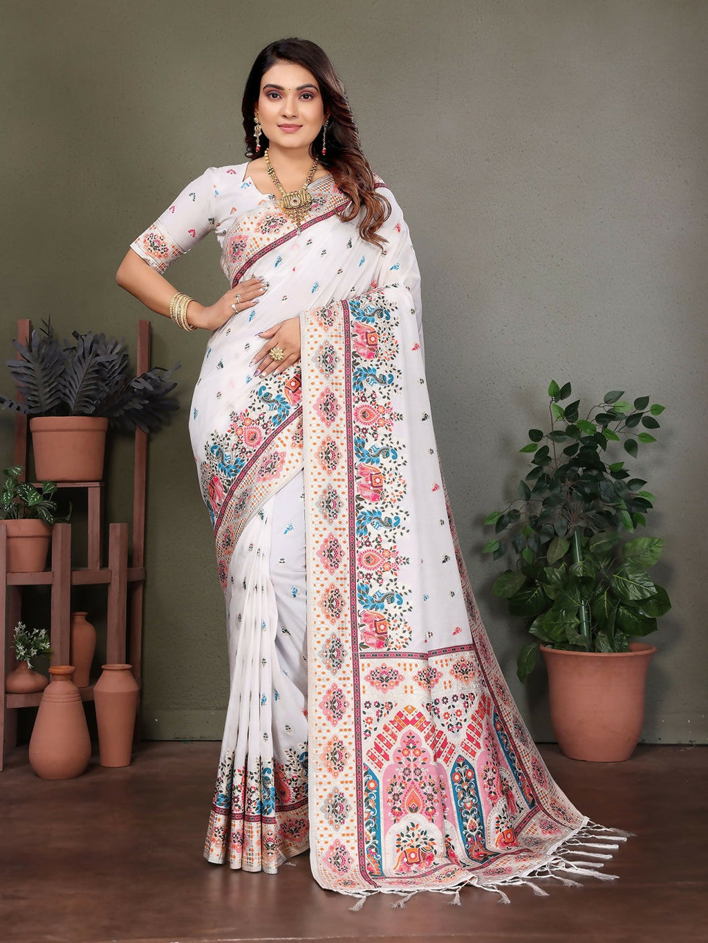 Joban Fashion White Thread Woven Pashmina Sarees
