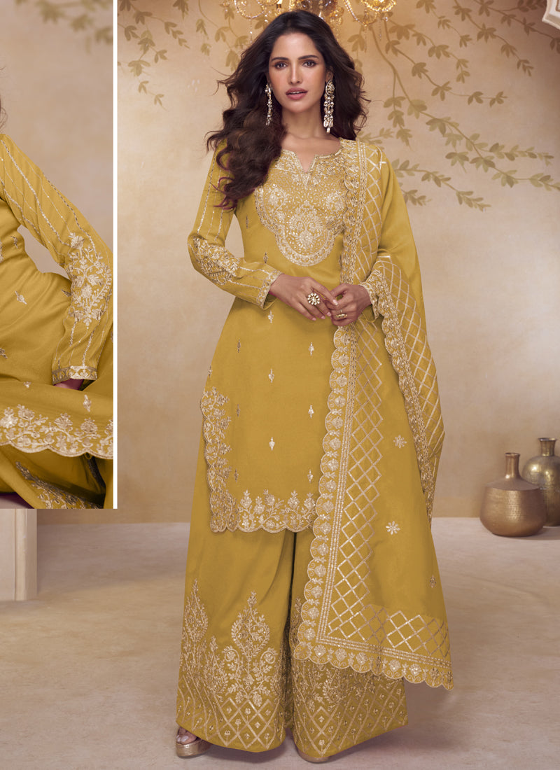 Vegaa Fashion Yellow Simar Silk Embroidered Party Wear Palazzo Suit - Distacart