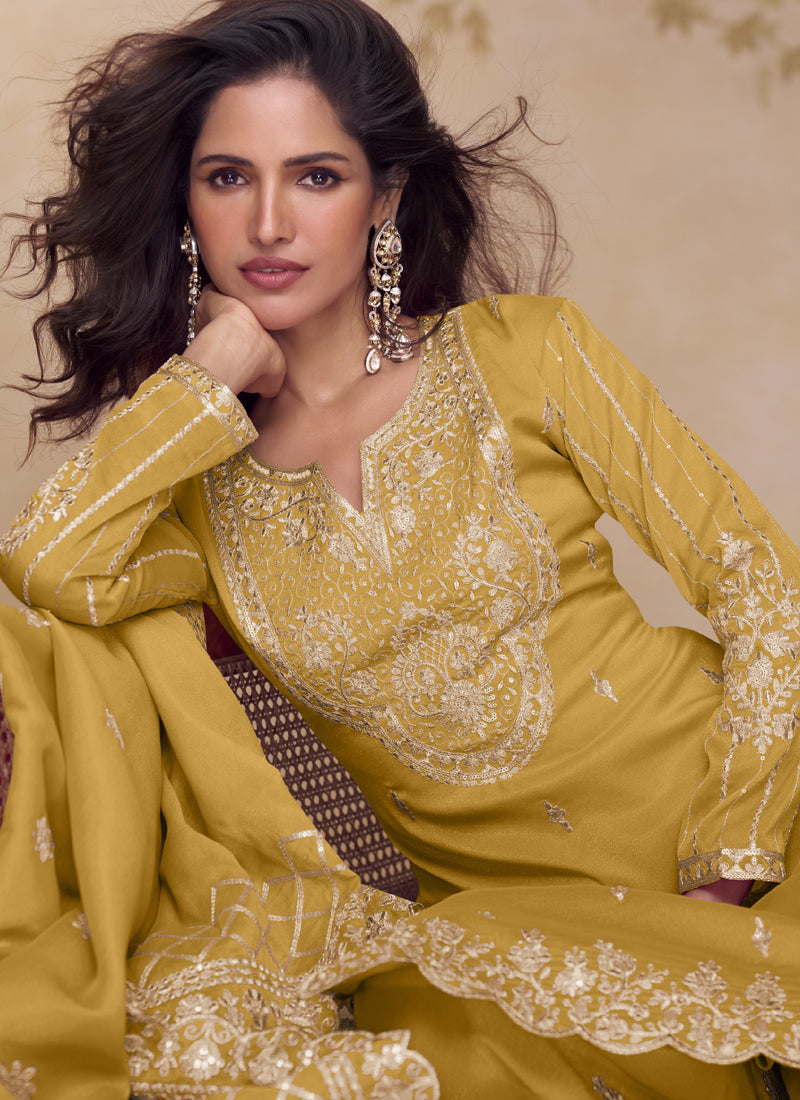 Vegaa Fashion Yellow Simar Silk Embroidered Party Wear Palazzo Suit - Distacart