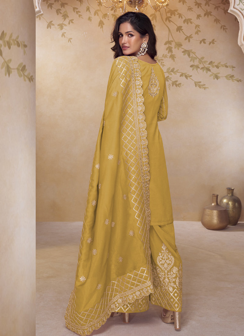 Vegaa Fashion Yellow Simar Silk Embroidered Party Wear Palazzo Suit - Distacart