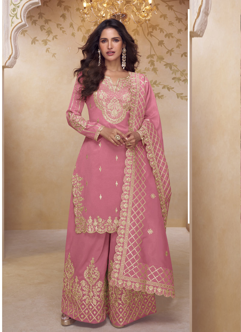 Vegaa Fashion Pink Simar Silk Embroidered Party Wear Palazzo Suit - Distacart